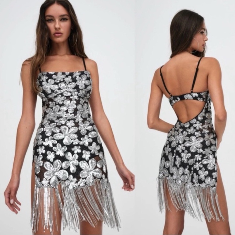 For Love & Lemons silver black sequin fringe dress colette Size S